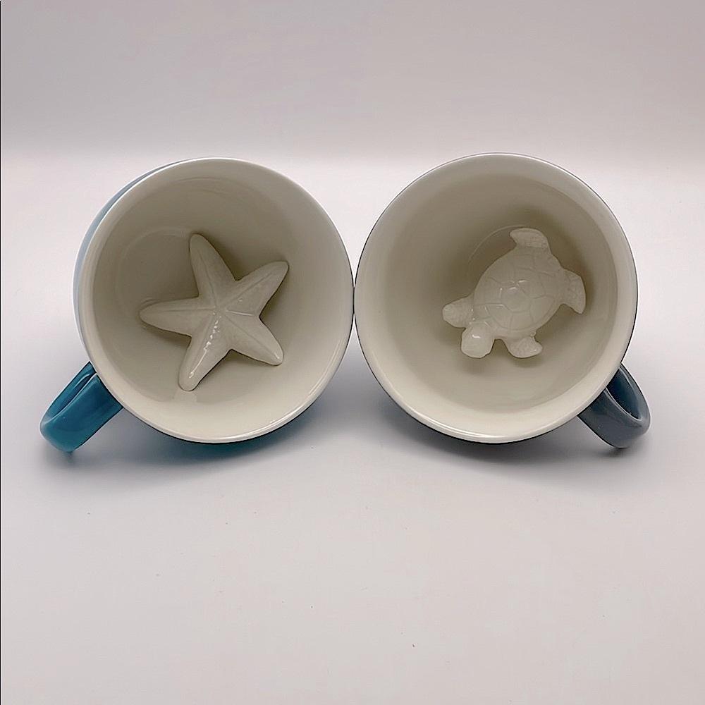 Creature Cups, Ceramic, Turquoise with Starfish, Slate Blue with Sea Turtle FUN!
